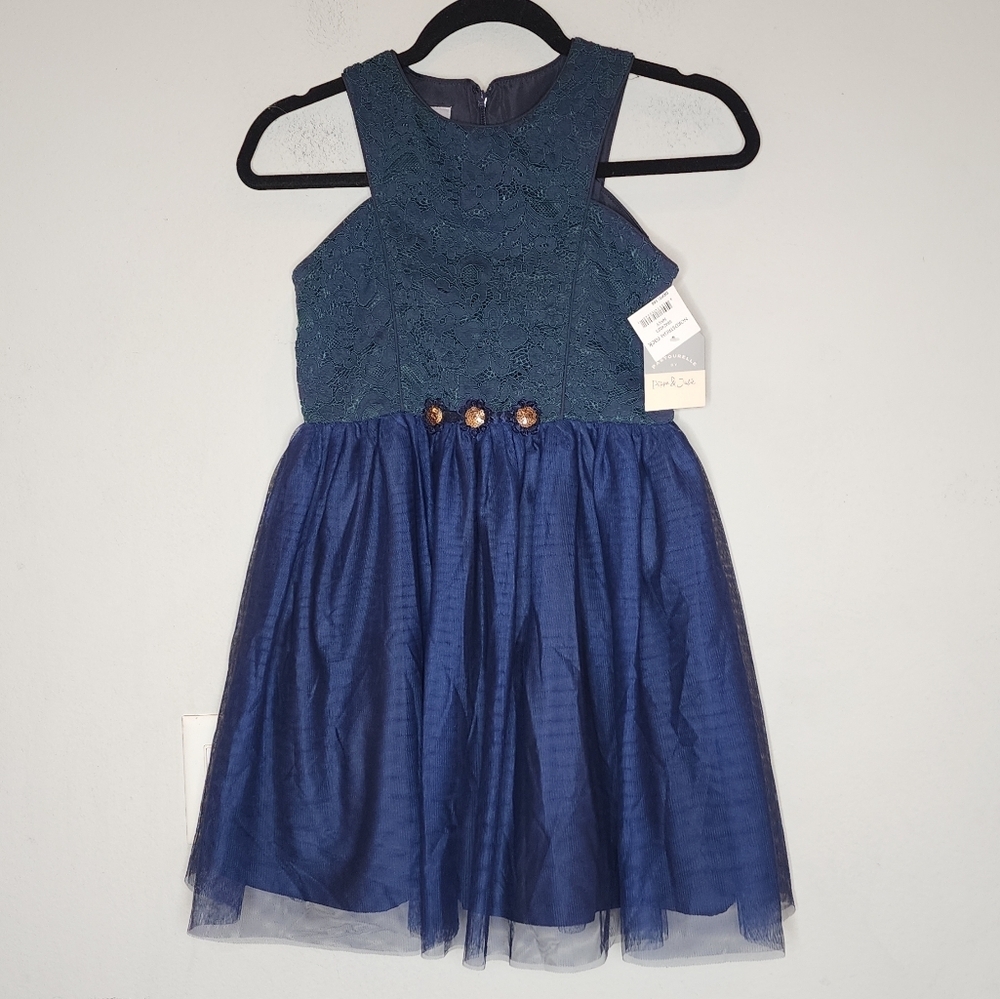 NWT Pastourelle Navy Blue Green Lace Tulle Sleeveless Dress Girls Size 10